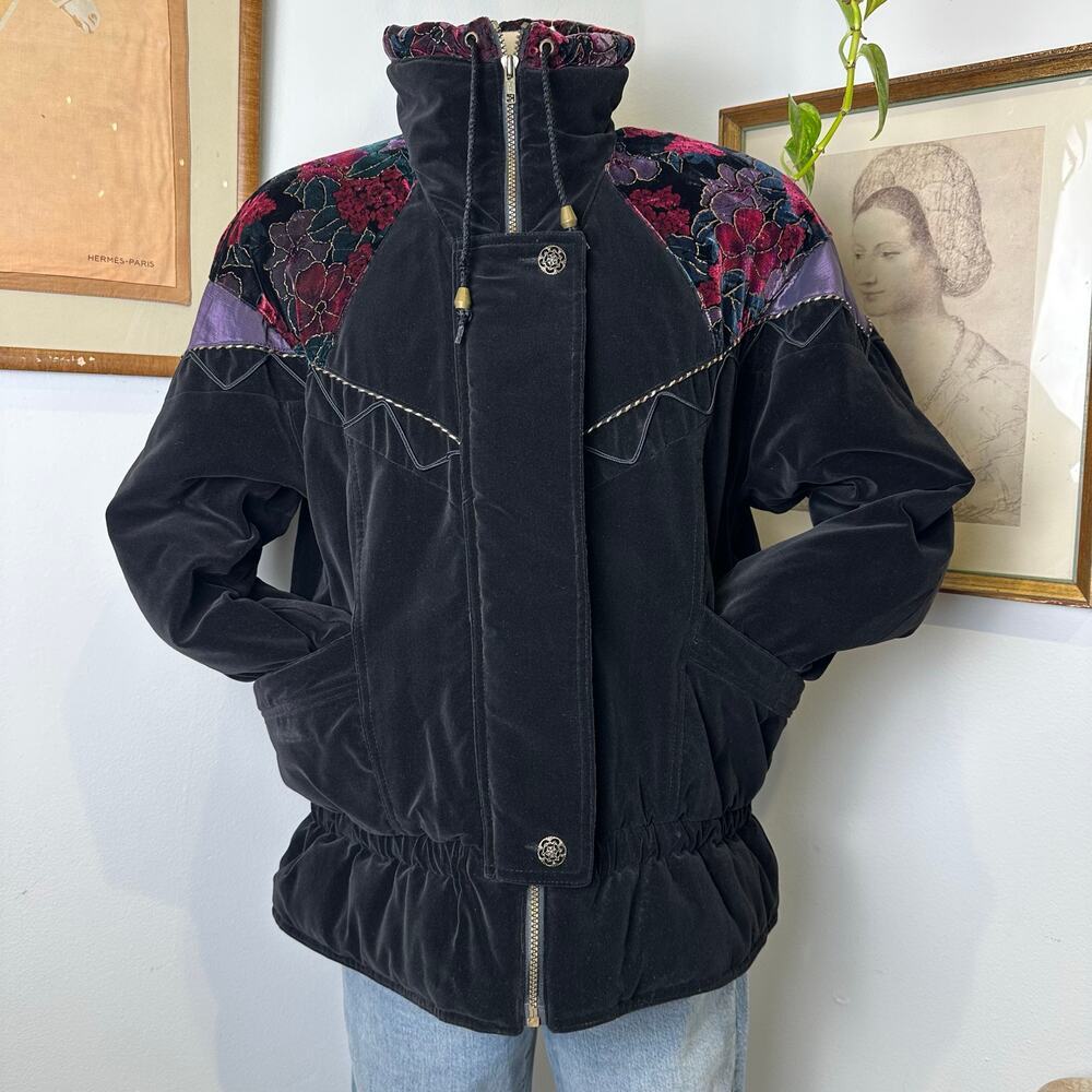 Vintage Velvet Jacket with Floral Design Boho 80s Coat Statement Jacket size M